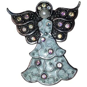 Enamel Rhinestone Angel Brooch Pin Silver Tone Wings Dress Festive Jewelry
